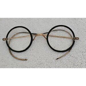 Antique Shur-On Glasses, 12K GF Round Eyeglasses Black Rim, Curl Temple